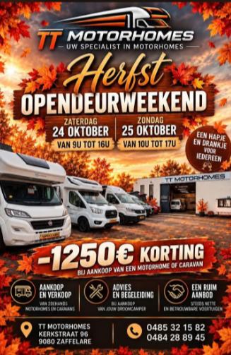 Herfst opendeurweekend TT Motorhomes op 24 en 25 oktober: €1250 korting bij aankoop van een motorhome of caravan
